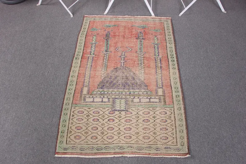 El Yapımı Kırmızı Ombré Halı, Mavi Desenli 2,4x3,9 ft