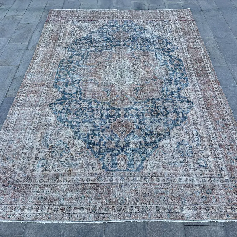 Blue & Bronze Rug, 8x11.7 ft Elegant Solid Pattern