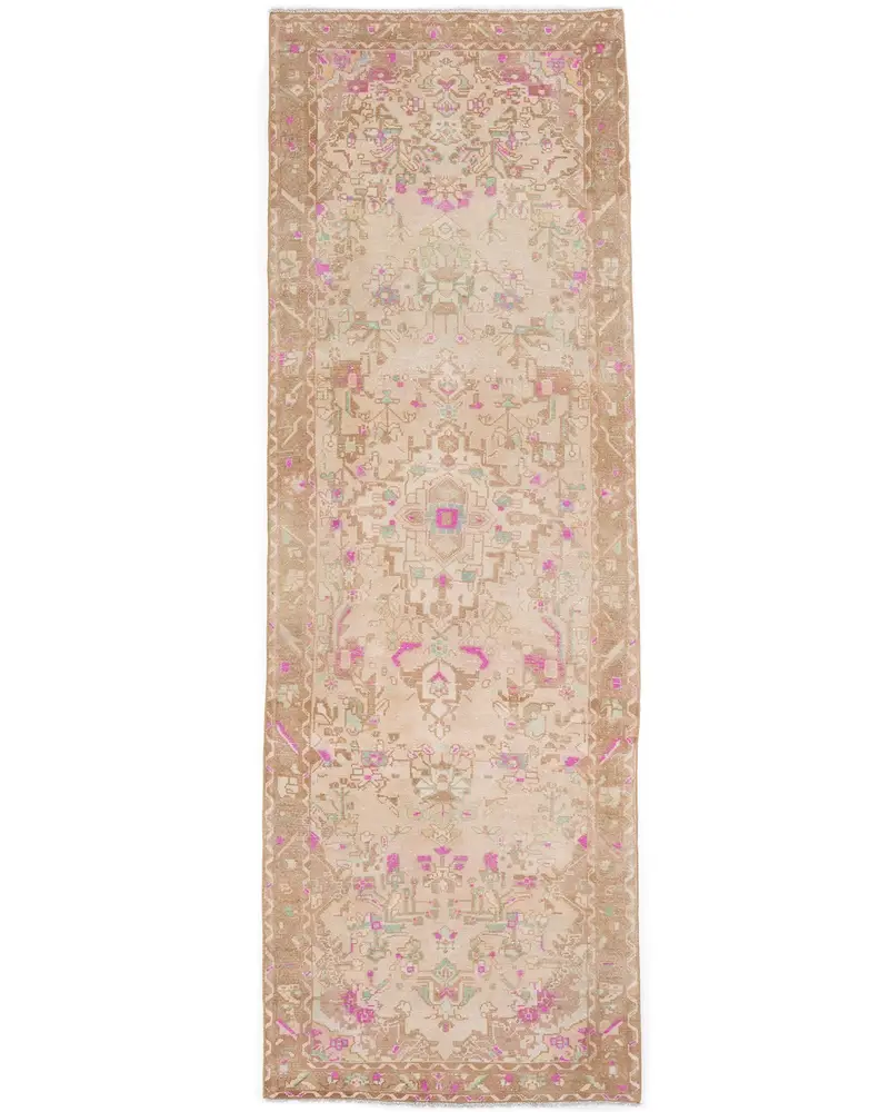 Zarif Bej ve Kahverengi Halı, 3,2x9,4 ft Çizgili Geometrik Tasarım