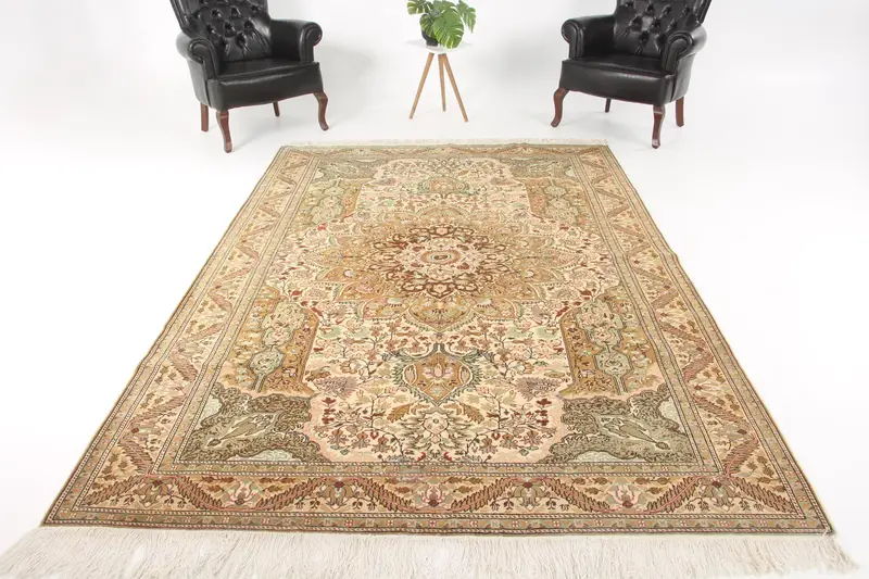 Turkish Oushak Rug 6.46x9.8 ft, Brown Green Check Wool Vintage Rug - 1