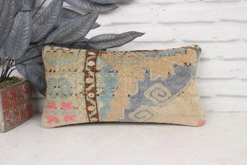 Cushion Case, Antique Pillows, Patio Cushion Cover, Kilim Pillow, Ethnical Kilim Rug Pillow, 8x16 Orange Pillow Sham, Southwestern Pillow Sham - 1