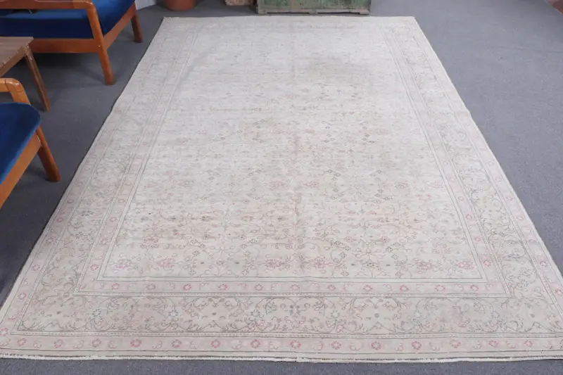 6.3x9.4 ft Turkish Rug, Vintage Large Rug, White Pink Floral Rug - 1
