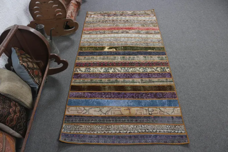 Türk Vintage Halısı, 3x5.9 ft Accent Halı, Mavi Mor Soyut Halı - 1