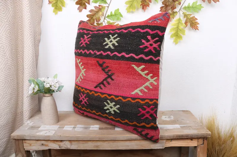 Ottoman Pillow, Vintage Kilim Pillow, 20x20 Brown Cushion Cover, Vintage Kilim Throw Pillow, Art Deco Pillow Sham, Pillow Cover, Pillow for Couch - 4