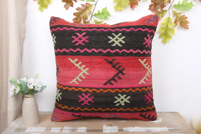 Ottoman Pillow, Vintage Kilim Pillow, 20x20 Brown Cushion Cover, Vintage Kilim Throw Pillow, Art Deco Pillow Sham, Pillow Cover, Pillow for Couch - 2