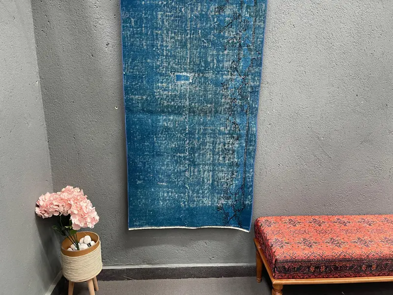 Vintage Teppich, 2,6x4,9 ft kleiner Teppich, blauer türkischer Wollteppich mit Tiermuster - 1