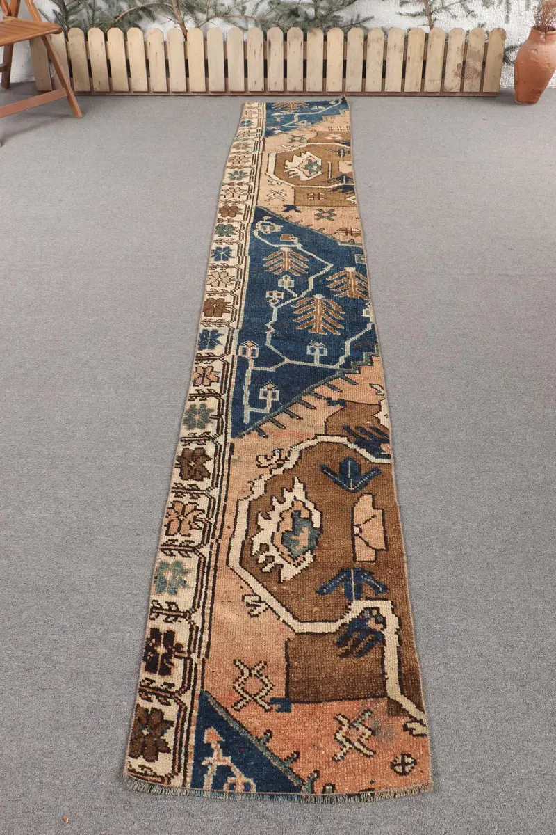 Alfombra Hecha A Mano De Lunares Azules Y Marrón, 1,9x11,4 ft