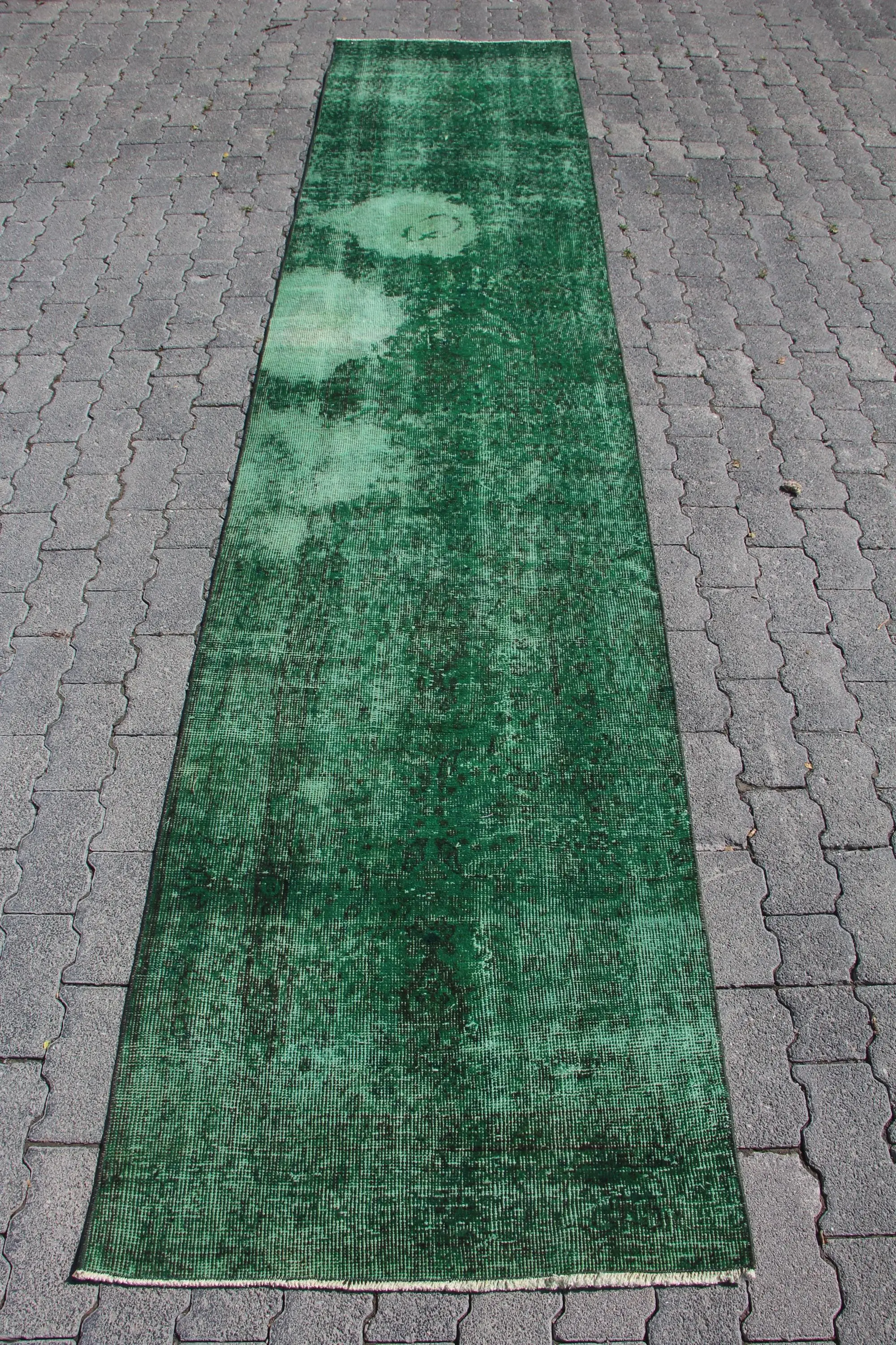 Alfombra vintage, alfombra corredor de 2,6x11,9 pies, alfombra turca de lana patchwork verde - 1