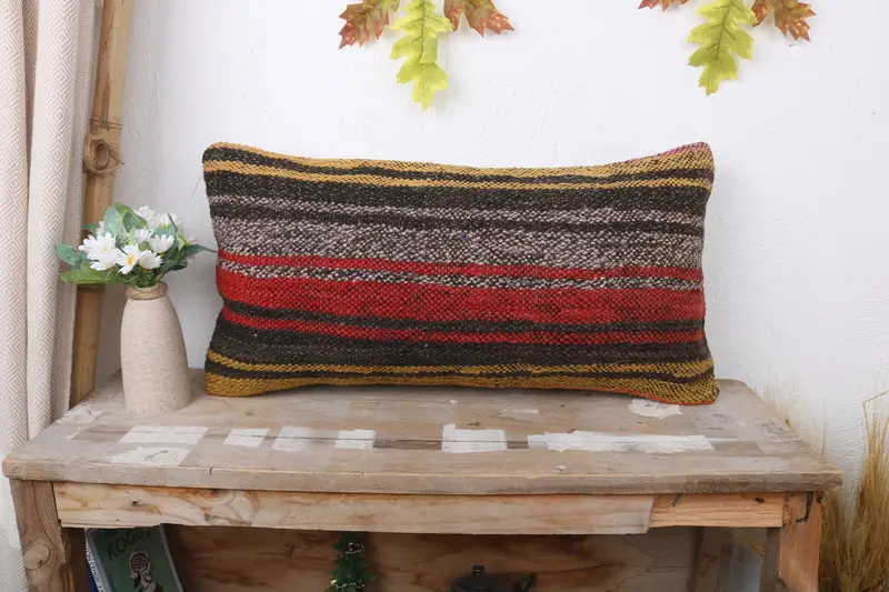 Vintage Kilim Throw Pillow, Ottoman Pillow Sham, Ethnical Kilim Rug Pillow, Pillow Sham, Gift Pillow, 12x24 Brown Pillow Case - 1