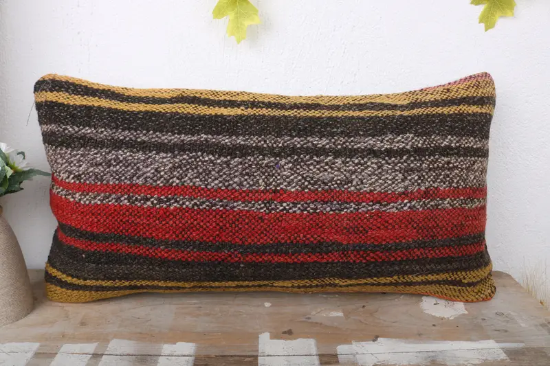 Vintage Kilim Throw Pillow, Ottoman Pillow Sham, Ethnical Kilim Rug Pillow, Pillow Sham, Gift Pillow, 12x24 Brown Pillow Case - 2