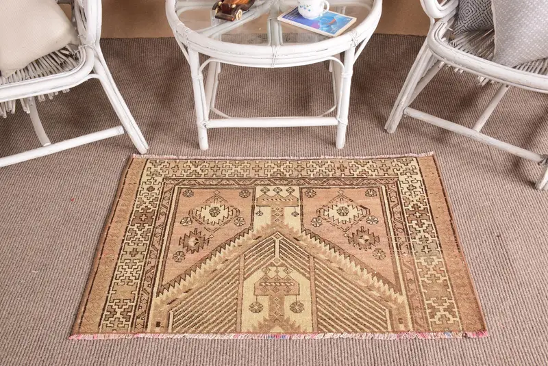 Vintage Oushak Kleiner Teppich 3,5x2,2 ft (106x66 cm), türkischer brauner Orientteppich - 1