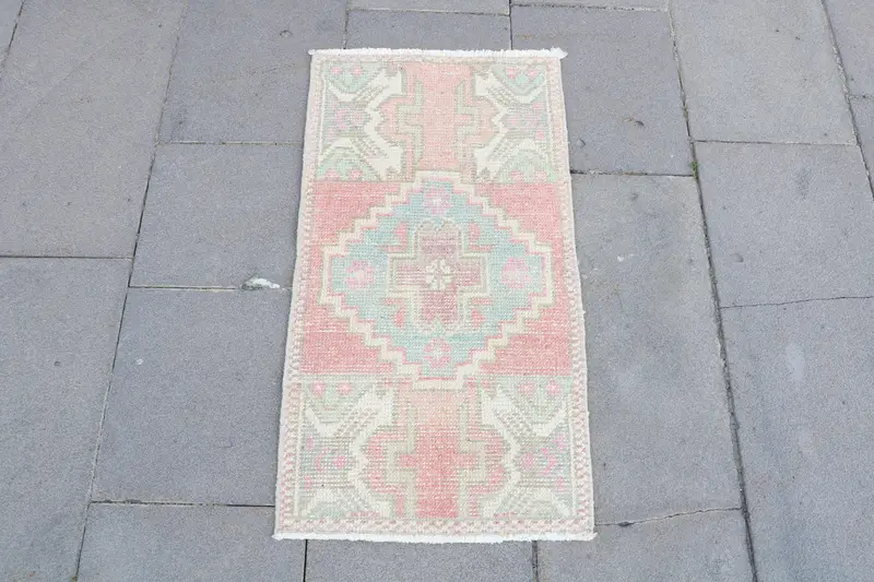 Vintage Türk Oushak Küçük Halı 1.4x2.7 ft, Pembe Bitkiler ve ağaçlar Halı Yün - 1