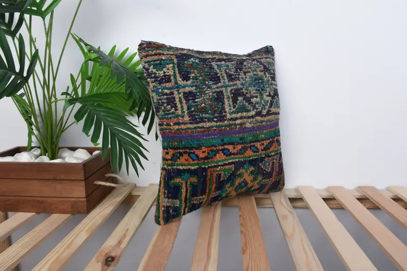Cubierta de cojín de sofá, cubierta de cojín, almohada turca, almohada para el sofá, almohada de tiro hippie, almohada étnica de alfombra kilim, almohada azul de 16x16 - 4