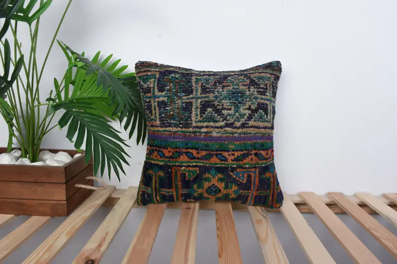 Cubierta de cojín de sofá, cubierta de cojín, almohada turca, almohada para el sofá, almohada de tiro hippie, almohada étnica de alfombra kilim, almohada azul de 16x16 - 1