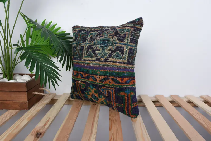Cubierta de cojín de sofá, cubierta de cojín, almohada turca, almohada para el sofá, almohada de tiro hippie, almohada étnica de alfombra kilim, almohada azul de 16x16 - 5