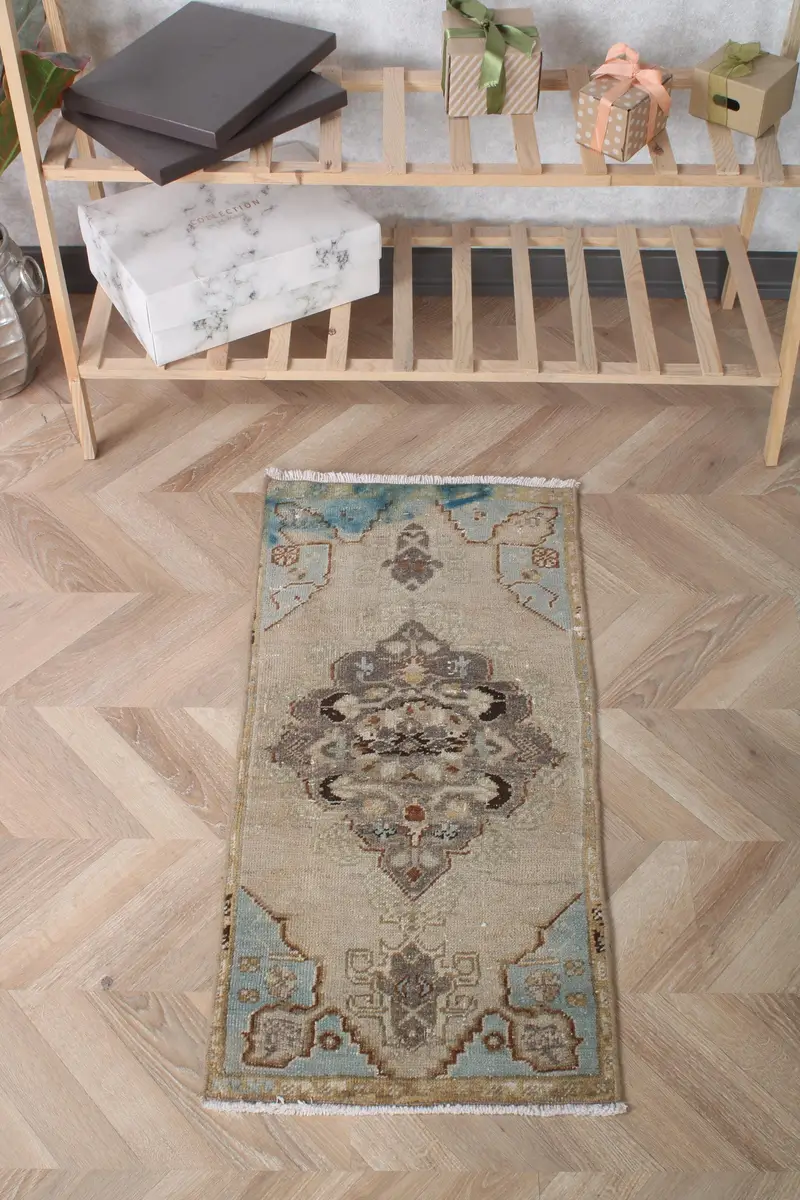 Türk Oushak Halı 1.4x3 ft, Mavi Kahverengi Çiçekli Yün Vintage Halı - 1