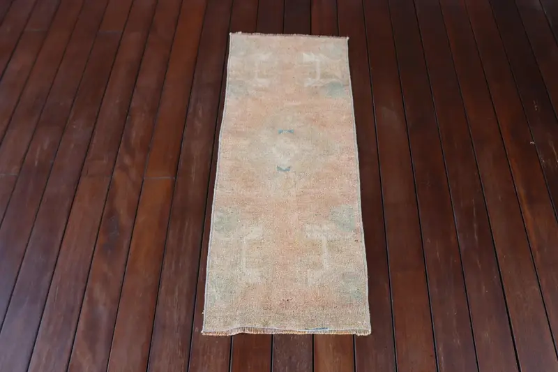 Türk 1.2x3.2 ft Halı, Küçük Vintage Halı, Kahverengi Mavi Çizgili Halı - 1