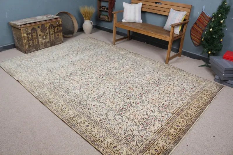 Eleganter Teppich in Beige und Blau, 6,4 x 9,4 Fuß, abstraktes Design