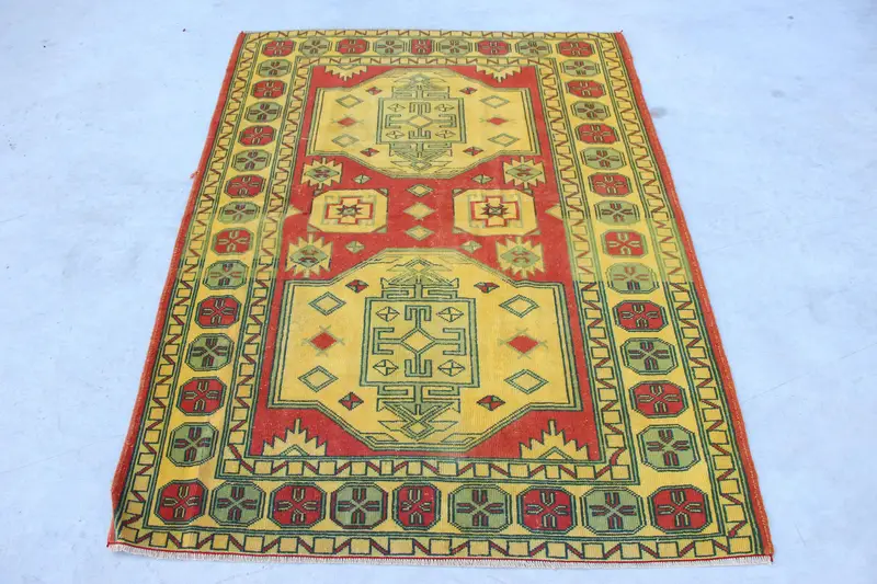 4x5.3 ft Türk Vintage Halı, Accent Halı, Kırmızı Sarı Oryantal Yün Halı - 1