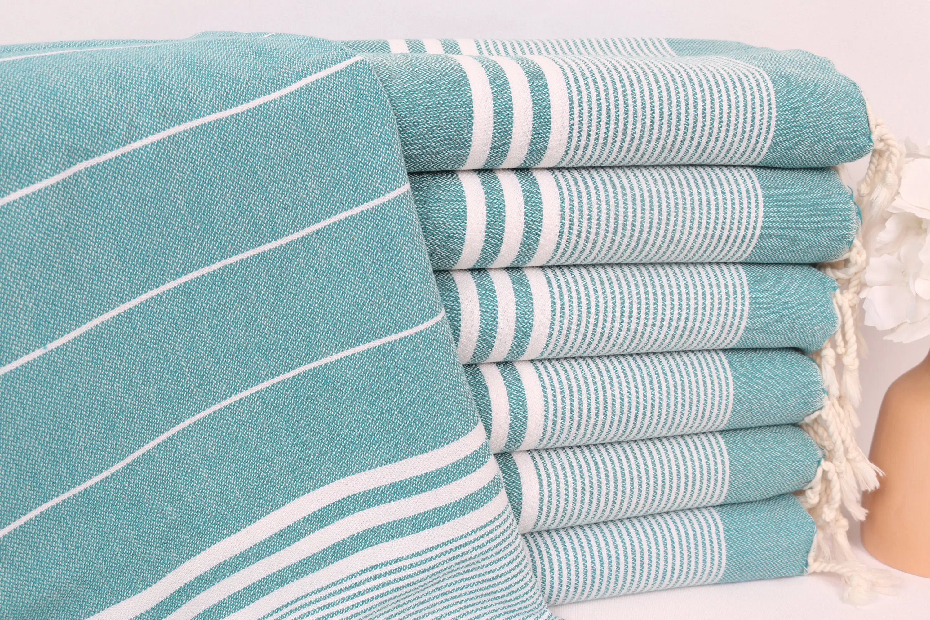 Petrol Green Striped Turkish Organic Cotton Hand Towel, 24x40 Inches - 1