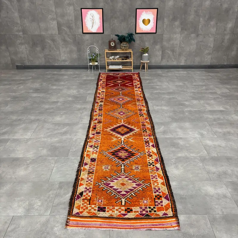 3x13.8 ft Rug, Vintage Turkish Rug, Orange Purple Geometric Wool Rug - 1