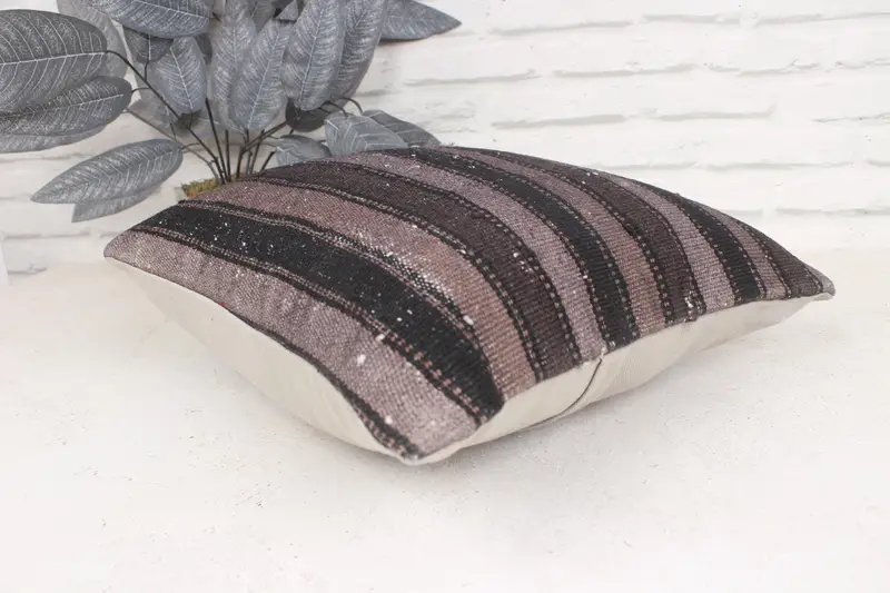Almohada Boho, Sala de almohada, caja de cojín de lanzamiento de salón, cojín de kilim hecho a mano, funda de almohada de mascotas, cubierta de cojín gris de 16x16, cubierta simulada de almohada boho - 6