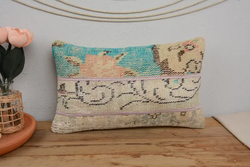 Cushion Case, Kilim Rug Pillow Sham, Vintage Kilim Throw Pillow, Throw Kilim Pillow, Garden Pillow, Home Decor Pillow, 12x20 Green Cushion - 2