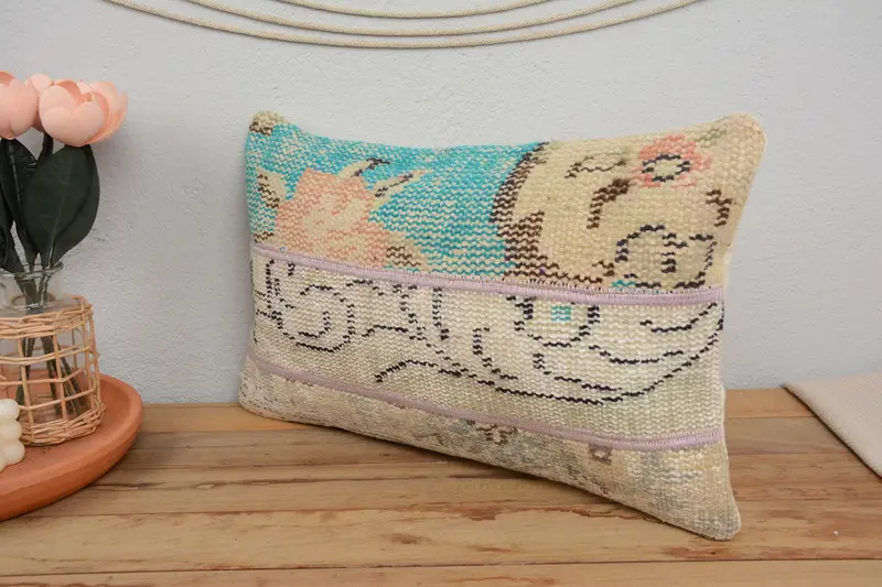 Cushion Case, Kilim Rug Pillow Sham, Vintage Kilim Throw Pillow, Throw Kilim Pillow, Garden Pillow, Home Decor Pillow, 12x20 Green Cushion - 4