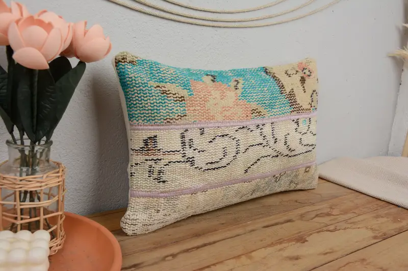 Cushion Case, Kilim Rug Pillow Sham, Vintage Kilim Throw Pillow, Throw Kilim Pillow, Garden Pillow, Home Decor Pillow, 12x20 Green Cushion - 1