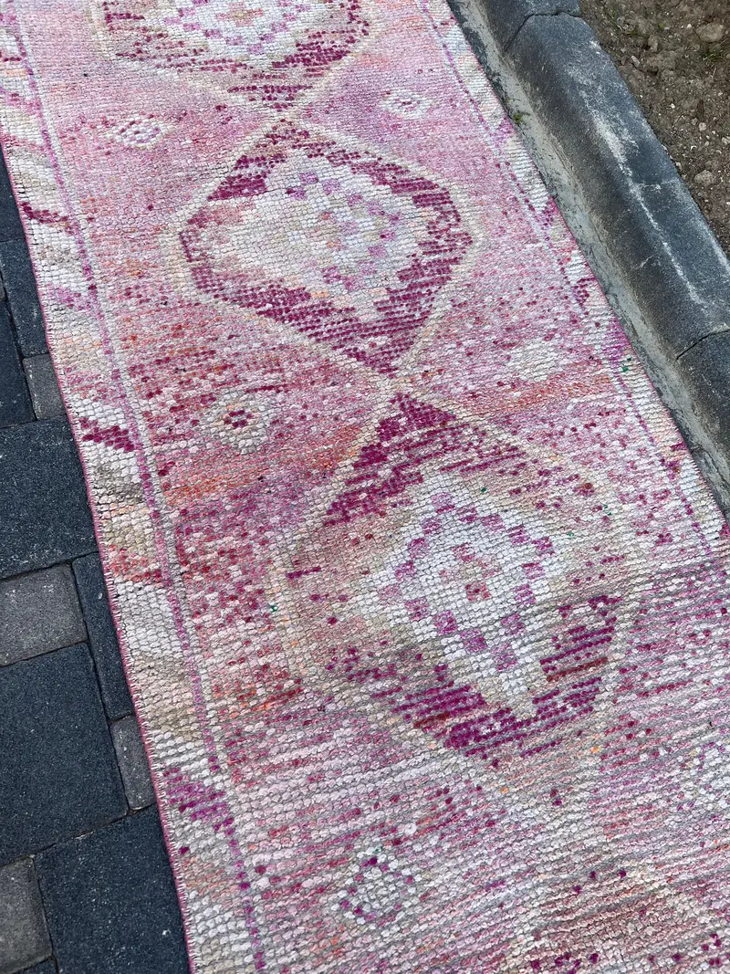 Turkish 2.8x10.5 ft Rug, Runner Vintage Rug, Pink White Solid Wool Rug - 1