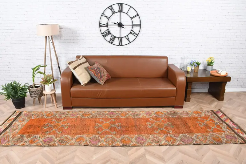 Vintage Turkish Rug 3x10.9 ft (90x333 cm), Herki Orange Pink Striped Rug - 1