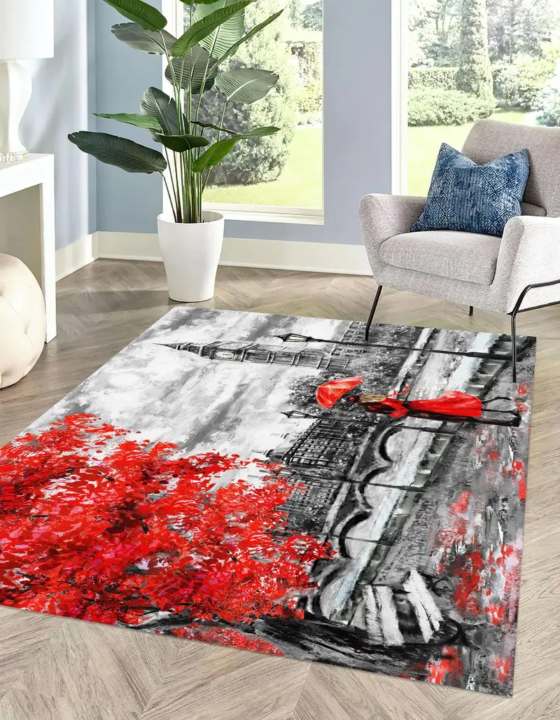 Romantic London Couple Printed Rug: Valentine's Gift Under Red Umbrella