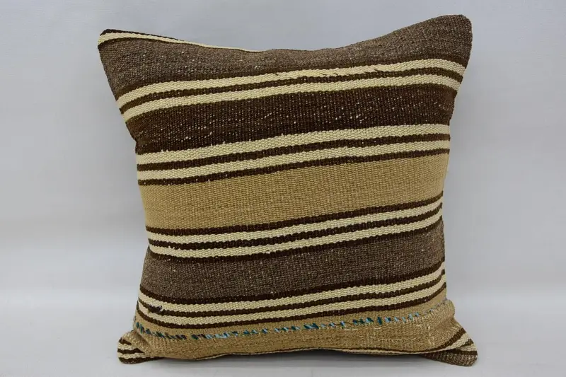 Lounge Turkish Wool Pillowcase, Brown 35x35 cm Antique Striped Euro Sham - 1