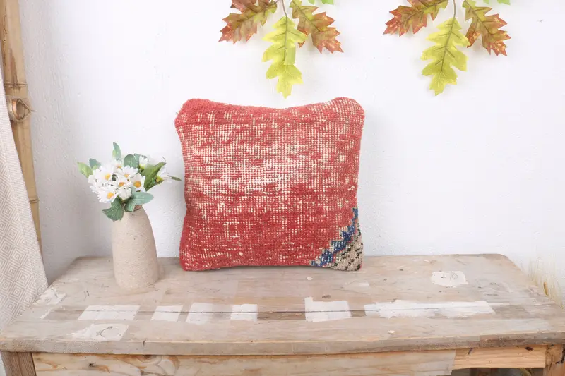 Pillow Cover, Ethnical Kilim Rug Pillow, Handmade Kilim Cushion, 12x12 Red Pillow Case, Outdoor Patio Cushion Cover, Kilim Pillow Cover - 1