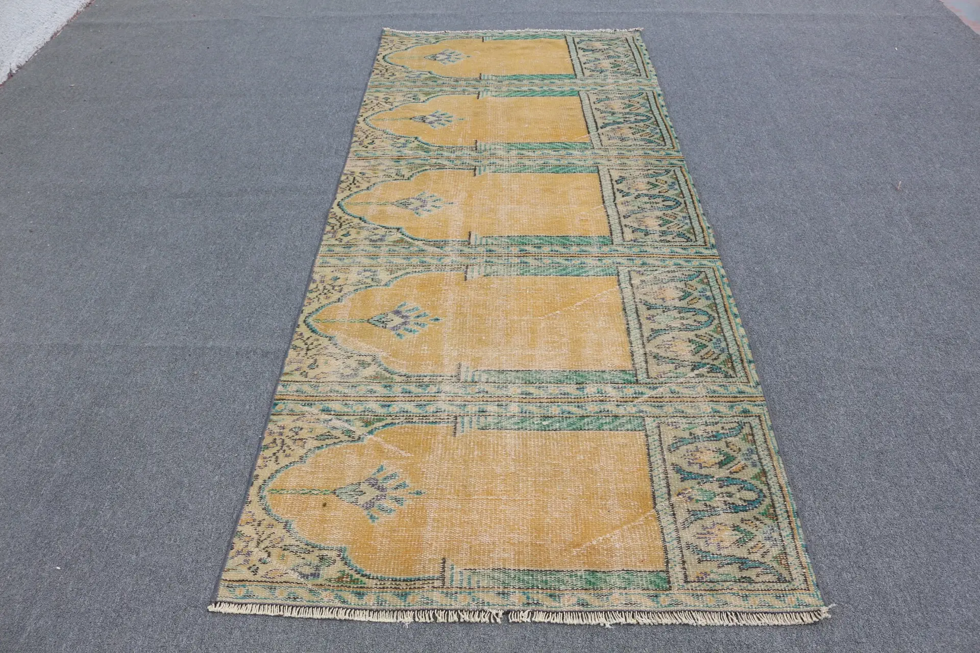 Turkish Area Rug 3.6x8.4 ft (110x256 cm), Vintage Yellow Oriental Rug - 1