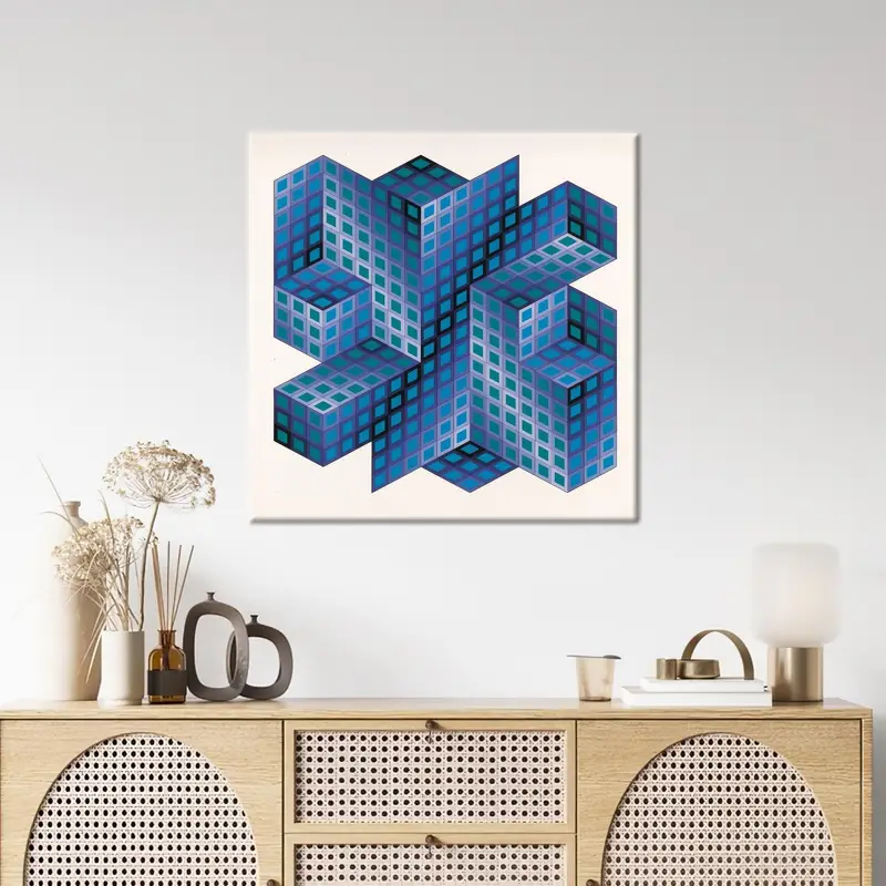 Abstract Canvas: Blue, Vasarely-Inspired Printed Art