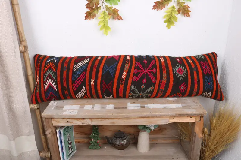 Boho Pillow, 12x43 Red Cushion Cover, Bolster Throw Pillow Sham, Vintage Kilim Pillow, Handmade Kilim Cushion, Art Deco Pillow Cover, Cushion - 1