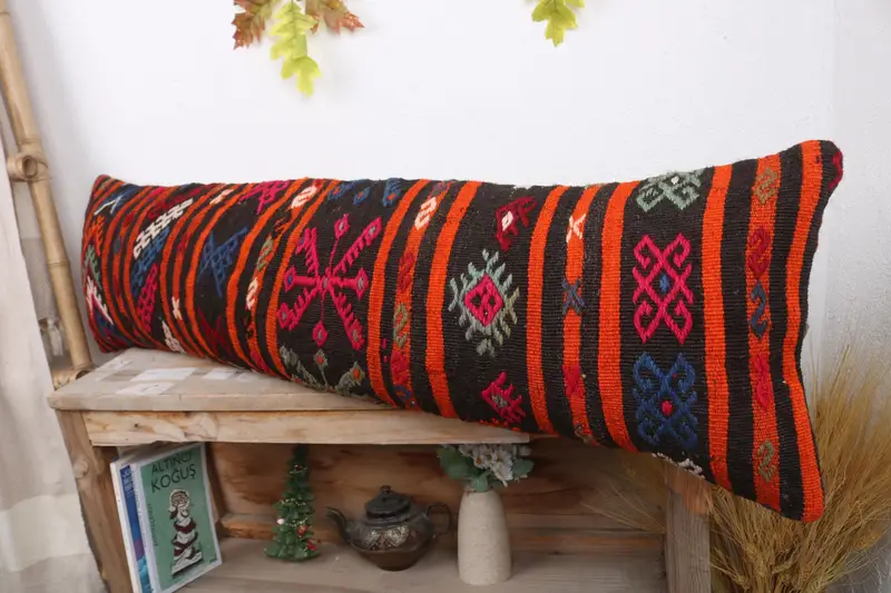 Boho Pillow, 12x43 Red Cushion Cover, Bolster Throw Pillow Sham, Vintage Kilim Pillow, Handmade Kilim Cushion, Art Deco Pillow Cover, Cushion - 4