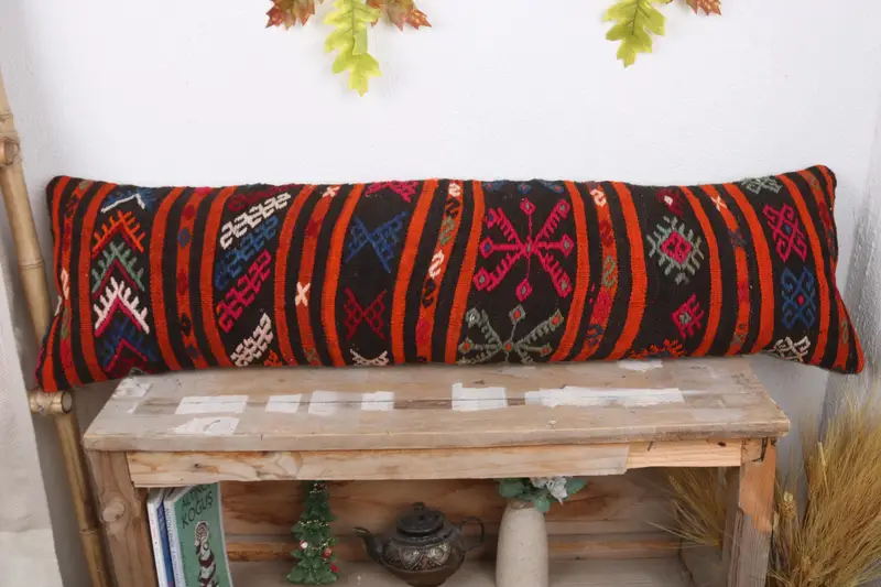 Boho Pillow, 12x43 Red Cushion Cover, Bolster Throw Pillow Sham, Vintage Kilim Pillow, Handmade Kilim Cushion, Art Deco Pillow Cover, Cushion - 2