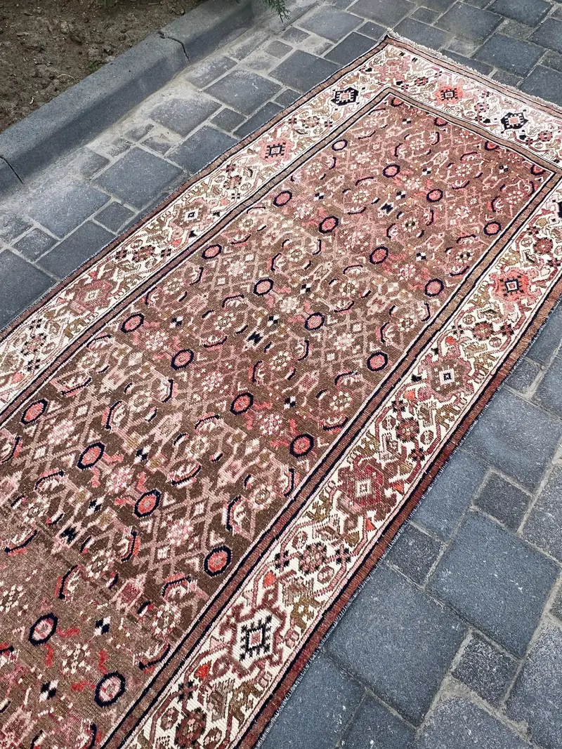 Alfombra de 3,4x10,4 pies, alfombra vintage turca, alfombra de lana Oushak marrón - 1