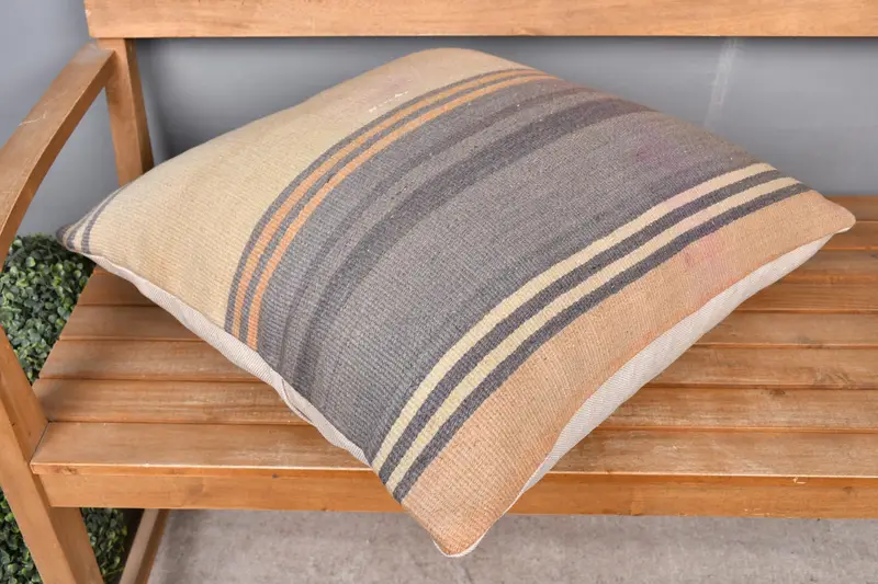 Ethnical Kilim Rug Pillow, Pillow Cover, Interior Designer Pillow, Handwoven Pillow Cover Cushion Case, 24x24 Beige Cushion Cover, Gift Pillow - 2