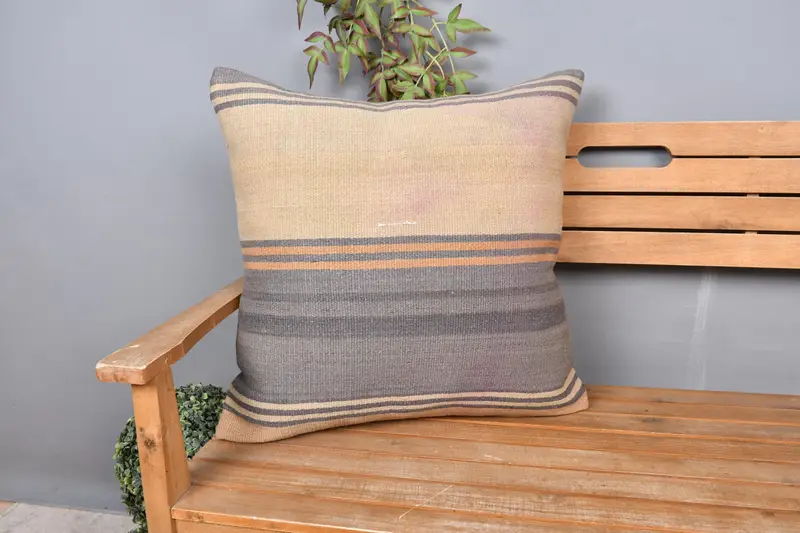 Ethnical Kilim Rug Pillow, Pillow Cover, Interior Designer Pillow, Handwoven Pillow Cover Cushion Case, 24x24 Beige Cushion Cover, Gift Pillow - 1
