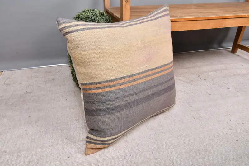 Ethnical Kilim Rug Pillow, Pillow Cover, Interior Designer Pillow, Handwoven Pillow Cover Cushion Case, 24x24 Beige Cushion Cover, Gift Pillow - 7