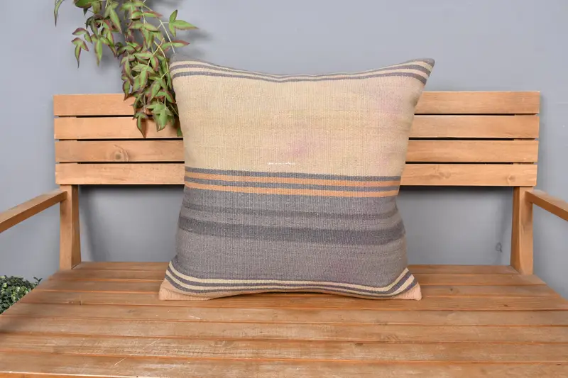 Ethnical Kilim Rug Pillow, Pillow Cover, Interior Designer Pillow, Handwoven Pillow Cover Cushion Case, 24x24 Beige Cushion Cover, Gift Pillow - 6