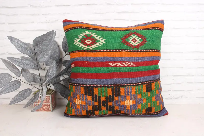 Pillow Sham, Vintage Pillow, Boho Pillow, Natural Pillow Sham, Anatolian Cushion Cover, 24x24 Green Pillow Case, Kilim Pillow Cover - 1