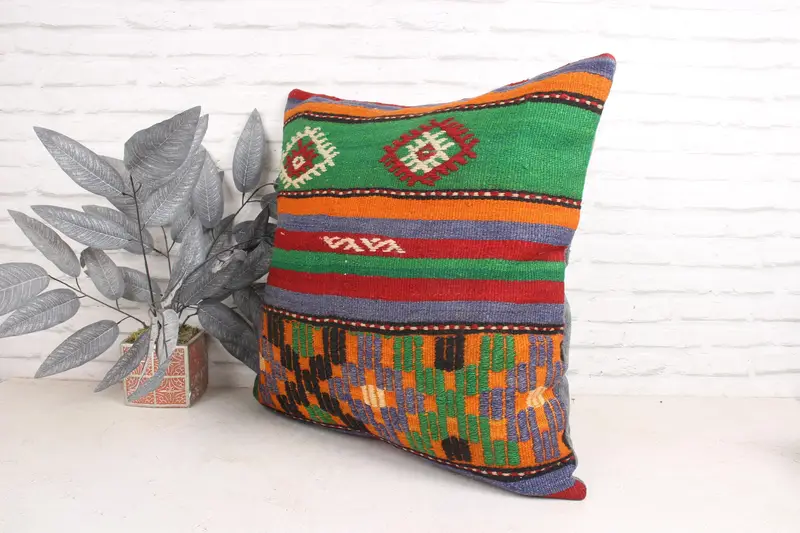 Pillow Sham, Vintage Pillow, Boho Pillow, Natural Pillow Sham, Anatolian Cushion Cover, 24x24 Green Pillow Case, Kilim Pillow Cover - 4