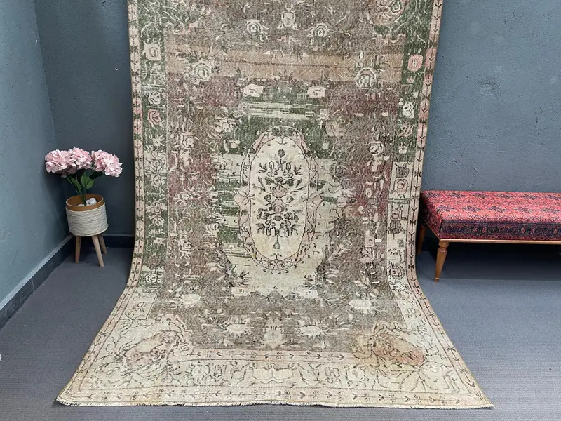 5.8x9.5 ft Vintage Large Rug, Turkish Brown Floral Rug - 1