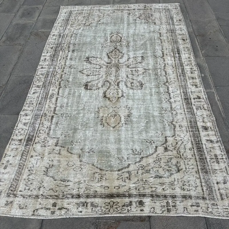 4.9x8.4 ft Turkish Vintage Rug, Large Rug, Oushak Beige Wool Rug - 1