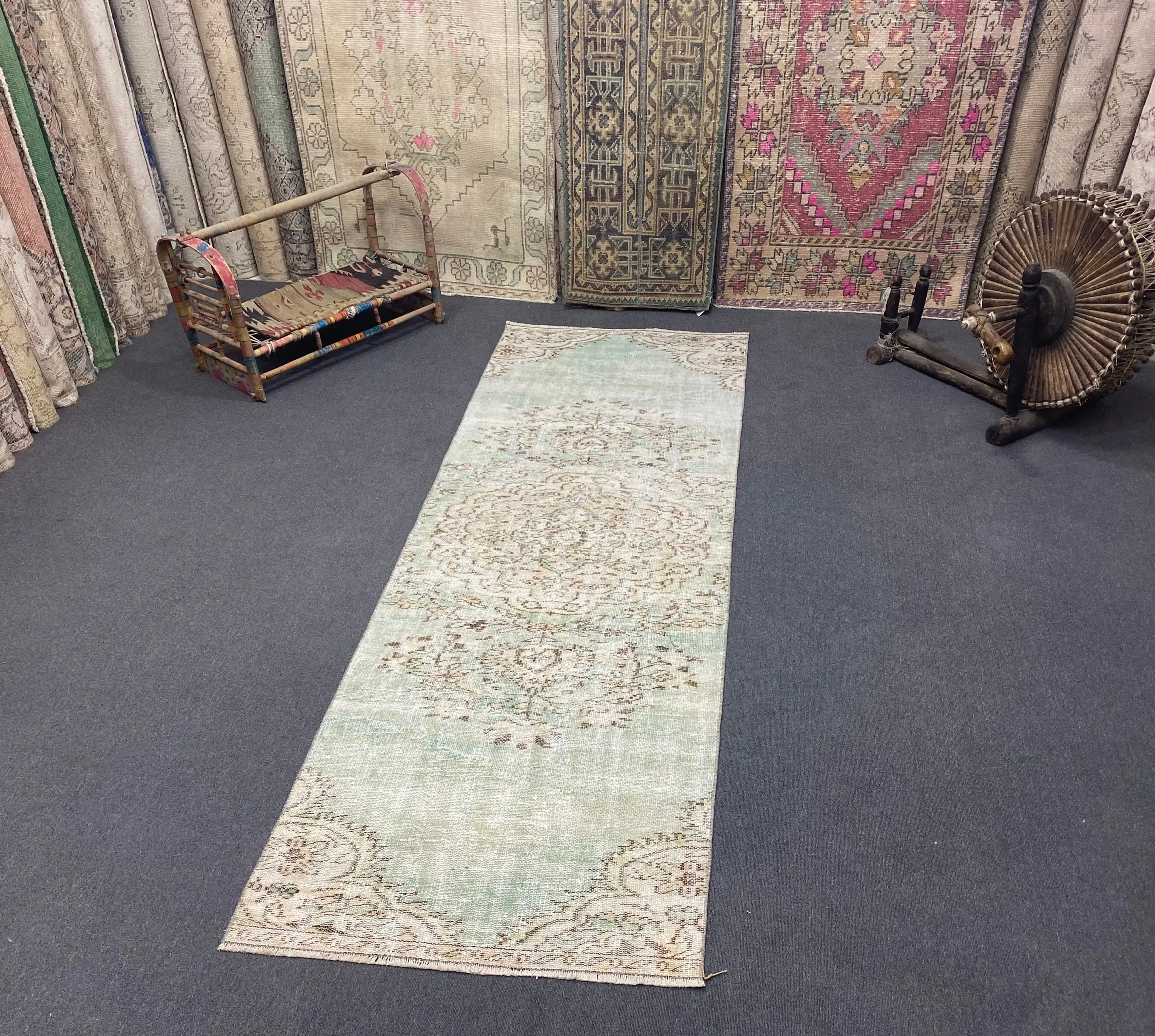 Turkish 2.8x8.8 ft Runner Rug, Vintage Rug, Green Floral Rug - 1
