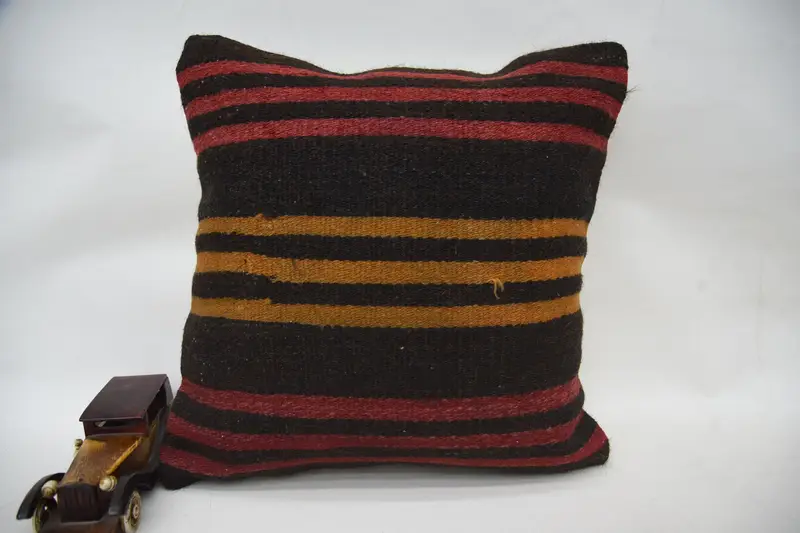 Funda de almohada vintage marrón cuadrada pequeña, funda de almohada a rayas marroquí de 7x7 pulgadas - 1
